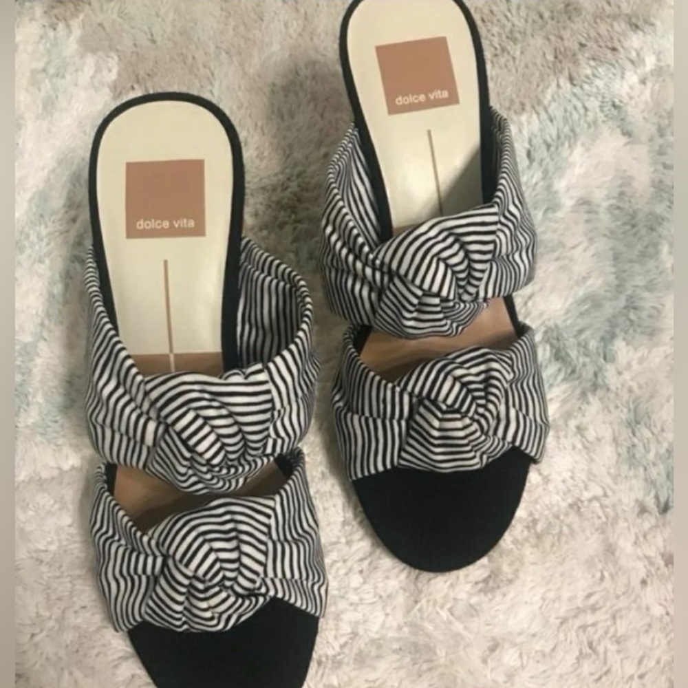 Dolce Vita Striped Black and White Women's Heeled Sandals - Picture 2 of 2